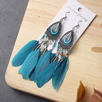 Vintage Water Droplet Leaf Feather Long Crystal Rice Beads Tassel Earrings sku image 5