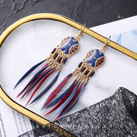 Bohemian Two-tone Long Feather Rice Beads Stud Tassel Earrings sku image 4