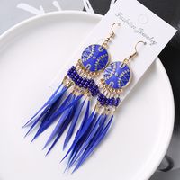 Bohemian Two-tone Long Feather Rice Beads Stud Tassel Earrings sku image 7