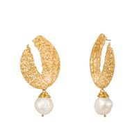 Vintage Dumb Gold Irregular Metal Hollow V-shaped Hand-wound Pearl Earrings main image 6