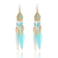 Creative Feather Boho Rice Bead Stud Long Waterdrop Tassel Earrings main image 4