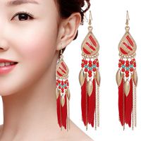 Creative Feather Boho Rice Bead Stud Long Waterdrop Tassel Earrings main image 5