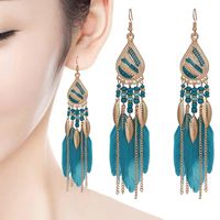 Creative Feather Boho Rice Bead Stud Long Waterdrop Tassel Earrings main image 6