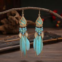 Creative Feather Boho Rice Bead Stud Long Waterdrop Tassel Earrings sku image 17