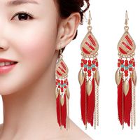Creative Feather Boho Rice Bead Stud Long Waterdrop Tassel Earrings sku image 12