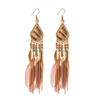 Creative Feather Boho Rice Bead Stud Long Waterdrop Tassel Earrings sku image 4