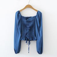 Simple Elastic Waist Puff Sleevessquare-neck Blouse Lace-up Shirt main image 4