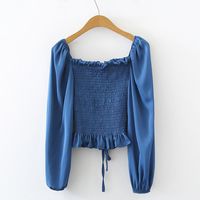 Simple Elastic Waist Puff Sleevessquare-neck Blouse Lace-up Shirt main image 5