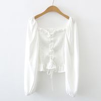 Simple Elastic Waist Puff Sleevessquare-neck Blouse Lace-up Shirt main image 6