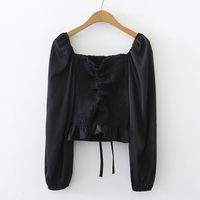 Simple Elastic Waist Puff Sleevessquare-neck Blouse Lace-up Shirt main image 8