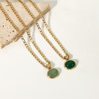 14k Green Aventurine Jade Round Pendant Figaro Chain Stainless Steel Necklace main image 2