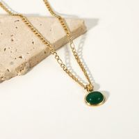 14k Green Aventurine Jade Round Pendant Figaro Chain Stainless Steel Necklace main image 4