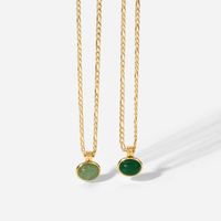 14k Green Aventurine Jade Round Pendant Figaro Chain Stainless Steel Necklace main image 5