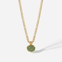 14k Green Aventurine Jade Round Pendant Figaro Chain Stainless Steel Necklace main image 6