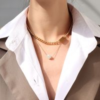 Retro Lettering Square Pendent Double-layered Titanium Steel Chain Freshwater Pearl Necklace main image 3