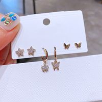Fashion Inlaid Zircon Flower Butterfly Copper Earrings Three Pairs Wholesale main image 1