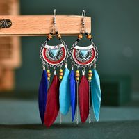 Fashion Fan-shaped Imitation Turquoise Tassel Long Rice Bead Feather Earrings Wholesale main image 3