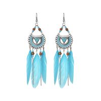 Fashion Fan-shaped Imitation Turquoise Tassel Long Rice Bead Feather Earrings Wholesale main image 6