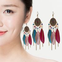 Vintage Oval Compass Oil Drops Long Feather Chain Tassel Rice Beads Earrings main image 3
