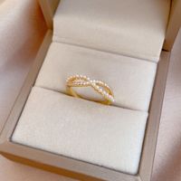 Fashion Geometric Cross Shaped Inlaid Pearl Brass Ring Wholesale main image 1