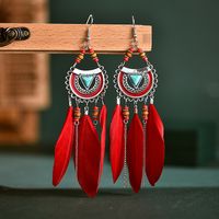 Fashion Fan-shaped Imitation Turquoise Tassel Long Rice Bead Feather Earrings Wholesale sku image 2
