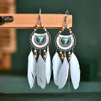 Pendientes Largos De Plumas Con Cuentas De Arroz Y Borlas Turquesas De Imitación En Forma De Abanico A La Moda Al Por Mayor sku image 4