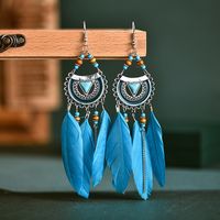 Fashion Fan-shaped Imitation Turquoise Tassel Long Rice Bead Feather Earrings Wholesale sku image 6