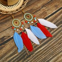 Vintage Oval Compass Oil Drops Long Feather Chain Tassel Rice Beads Earrings sku image 5