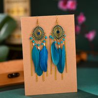 Vintage Oval Compass Oil Drops Long Feather Chain Tassel Rice Beads Earrings sku image 4