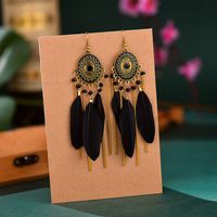 Vintage Oval Compass Oil Drops Long Feather Chain Tassel Rice Beads Earrings sku image 1