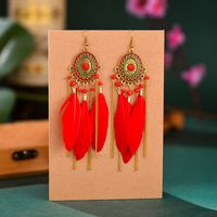 Vintage Oval Compass Oil Drops Long Feather Chain Tassel Rice Beads Earrings sku image 6