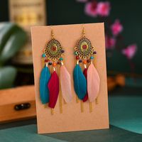 Vintage Oval Compass Oil Drops Long Feather Chain Tassel Rice Beads Earrings sku image 2