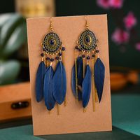 Vintage Oval Compass Oil Drops Long Feather Chain Tassel Rice Beads Earrings sku image 13
