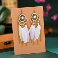 Vintage Oval Compass Oil Drops Long Feather Chain Tassel Rice Beads Earrings sku image 7