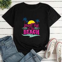 Camiseta Informal Suelta Con Estampado De Letras En La Playa Para Mujer main image 4