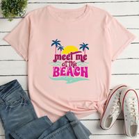 Camiseta Informal Suelta Con Estampado De Letras En La Playa Para Mujer main image 6