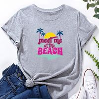 Camiseta Informal Suelta Con Estampado De Letras En La Playa Para Mujer sku image 9