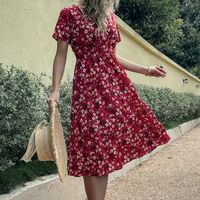 Vestido Floral Rojo De Primavera Y Verano De Moda sku image 1