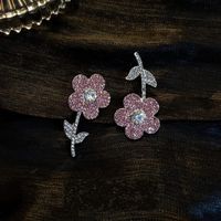 Pink Full Diamond Asymmetric Korean Style Cute Flower Drop Earrings main image 1
