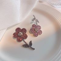Pink Full Diamond Asymmetric Korean Style Cute Flower Drop Earrings main image 6