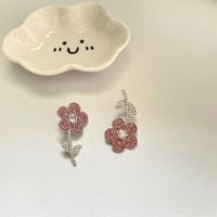 Pink Full Diamond Asymmetric Korean Style Cute Flower Drop Earrings main image 7