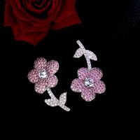 Pink Full Diamond Asymmetric Korean Style Cute Flower Drop Earrings main image 8