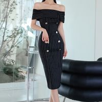 Fashion Spring Nude Shoulder Dress Slim Hip Striped Skirt main image 1