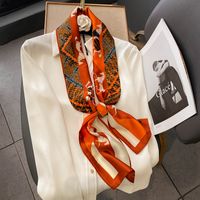 Printemps Et Automne Mince Rétro Couture Cheval Orange Simulation Soie Satin Longue Écharpe En Soie main image 3