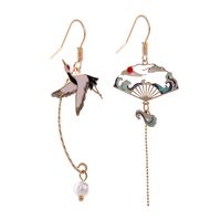 Creative Crane Ancient Fan Asymmetric Long Tassel Pearl Painting Oil Drop Earrings main image 6