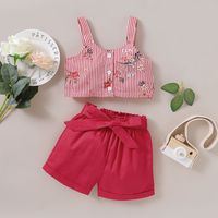 Vertical Strip Short-sleeved Top Red Shorts Casual Baby Two-piece Suit main image 2