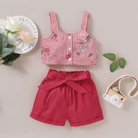 Vertical Strip Short-sleeved Top Red Shorts Casual Baby Two-piece Suit main image 3