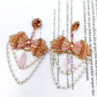 Vintage Exaggerated Bow Shaped Crystal Pearl Tassel Chain Earrings main image 6