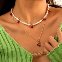 Retro Double-layer Imitation Pearl Braided Simple Water Drop Cherry Pendant Necklace main image 3