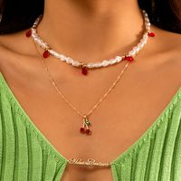 Retro Double-layer Imitation Pearl Braided Simple Water Drop Cherry Pendant Necklace main image 4